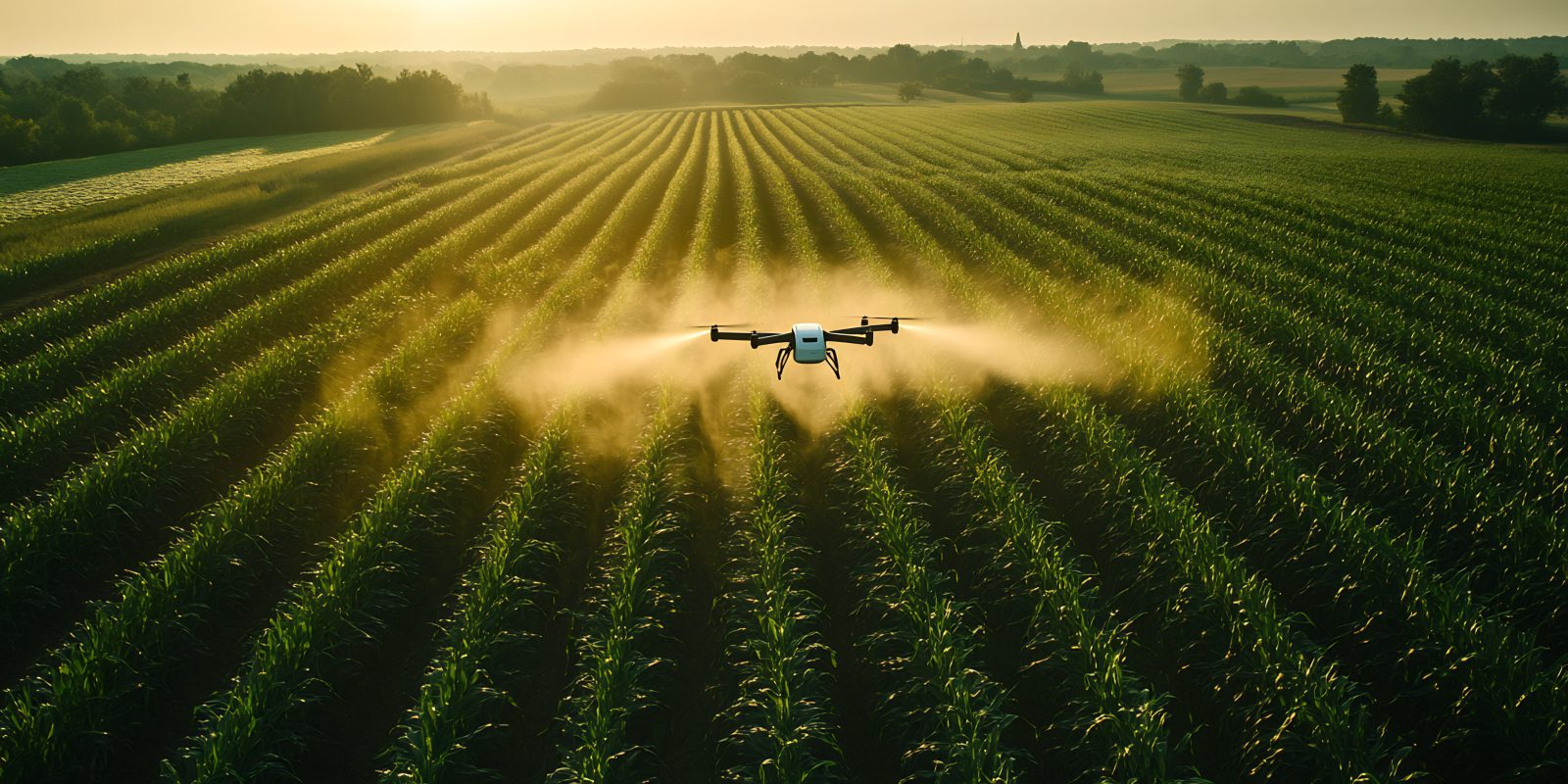 Drone agrícola AgroDrone sobre cultivos verdes
